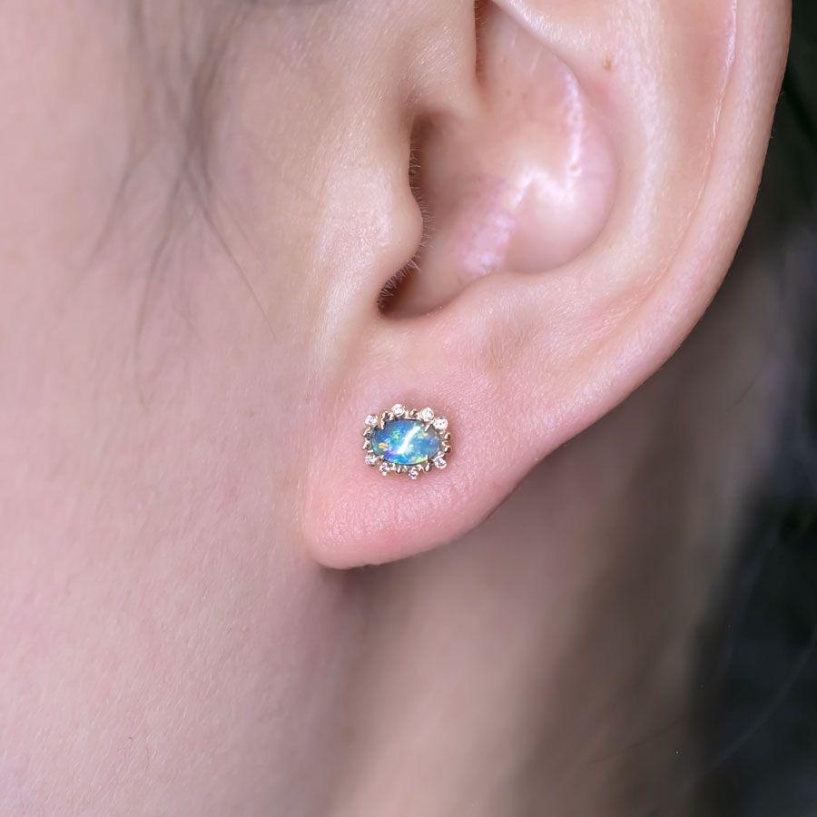 Arts and Crafts Australian Black Opal & Halo Diamond Stud Earrings 18k Yellow Gold For Sale