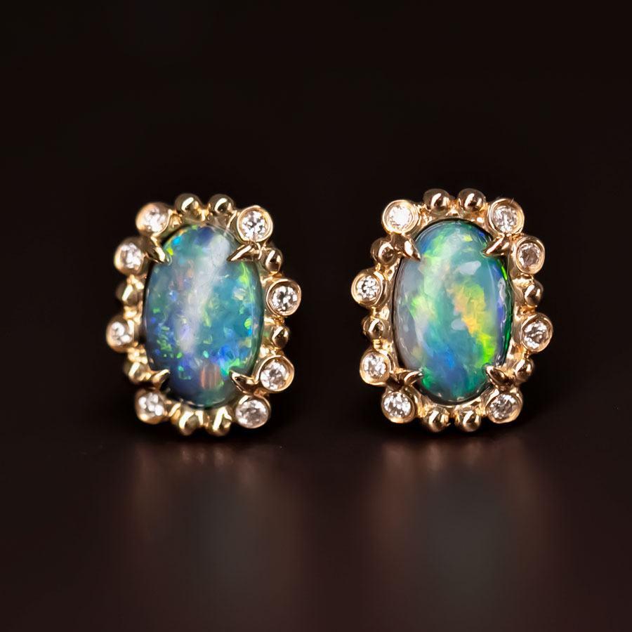 Brilliant Cut Australian Black Opal & Halo Diamond Stud Earrings 18k Yellow Gold For Sale