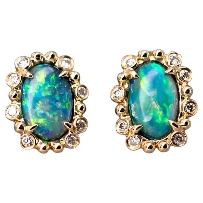 Australian Black Opal & Halo Diamond Stud Earrings 18k Yellow Gold For Sale