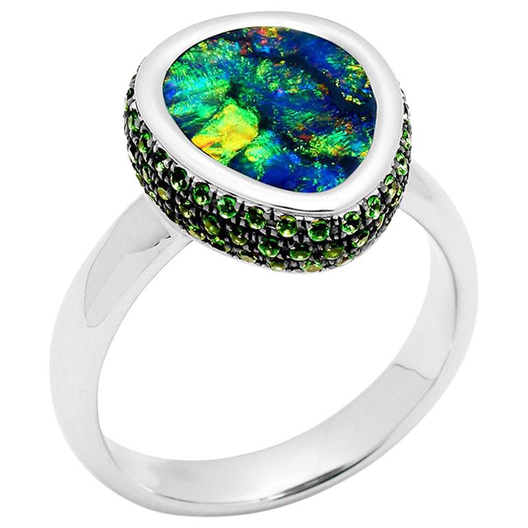 Natural Australian 3.85ct Black Opal Cocktail Ring 18K White Gold with Garnets For Sale