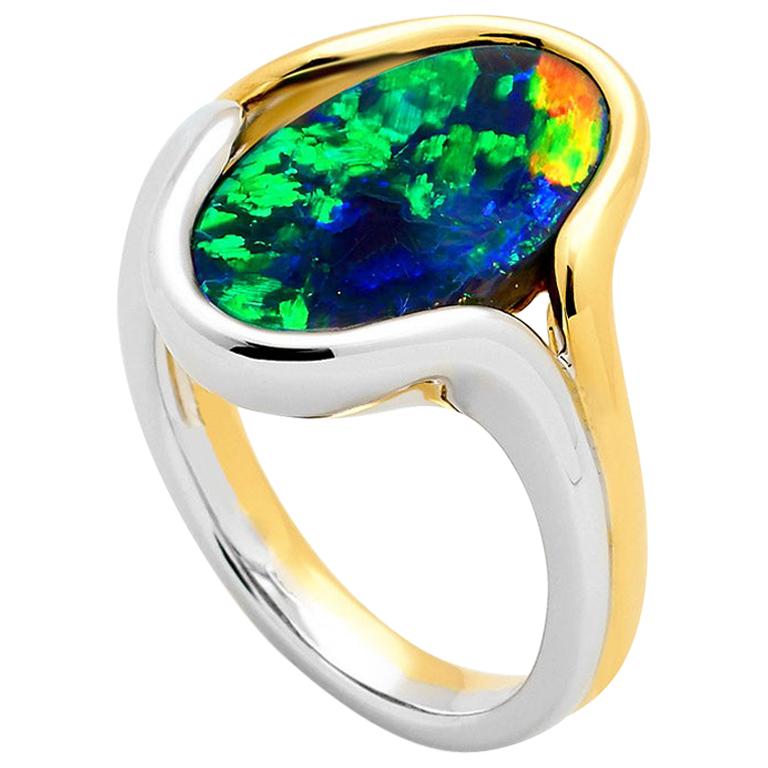 Natural Australian 3.80ct Black Opal Cocktail Ring 18K Yellow Gold, White Gold For Sale