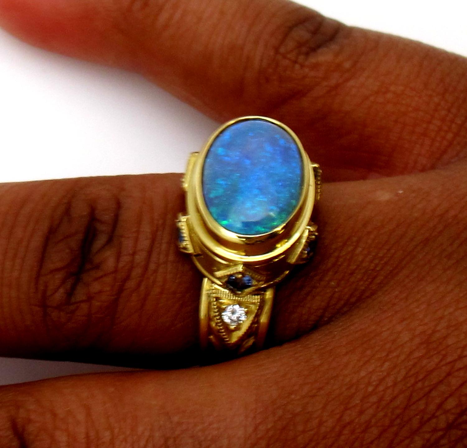 Artisan Australian Black Opal, Sapphire and Diamond 18 Karat Yellow Gold Ring