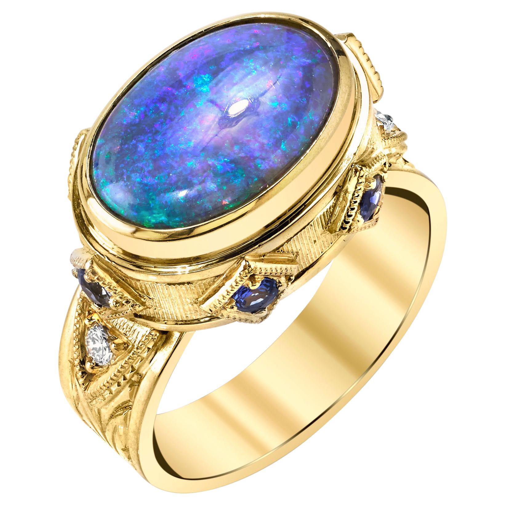 Australian Black Opal, Sapphire and Diamond 18 Karat Yellow Gold Ring