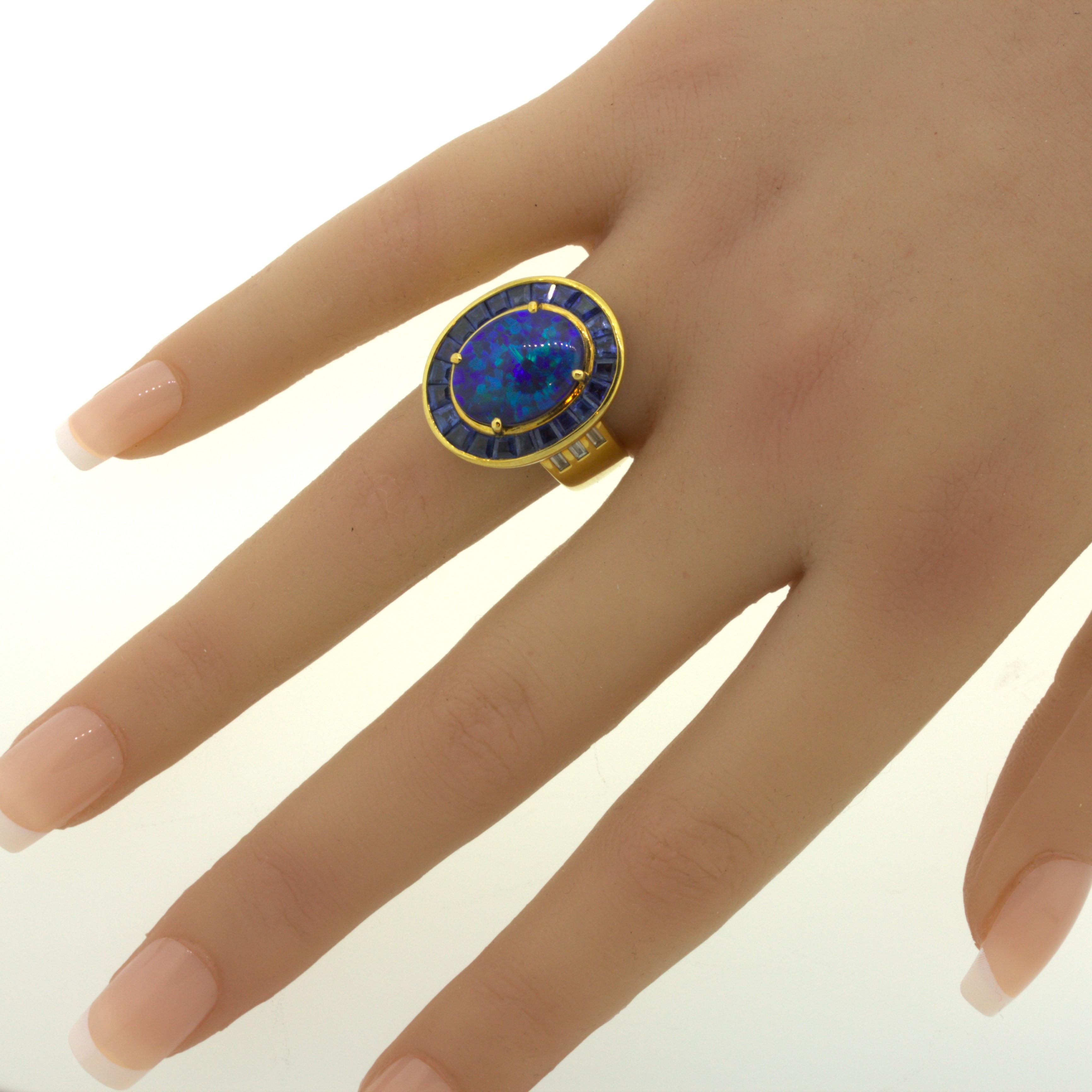 Australian Black Opal Sapphire Diamond 18k Yellow Gold Ring For Sale 5