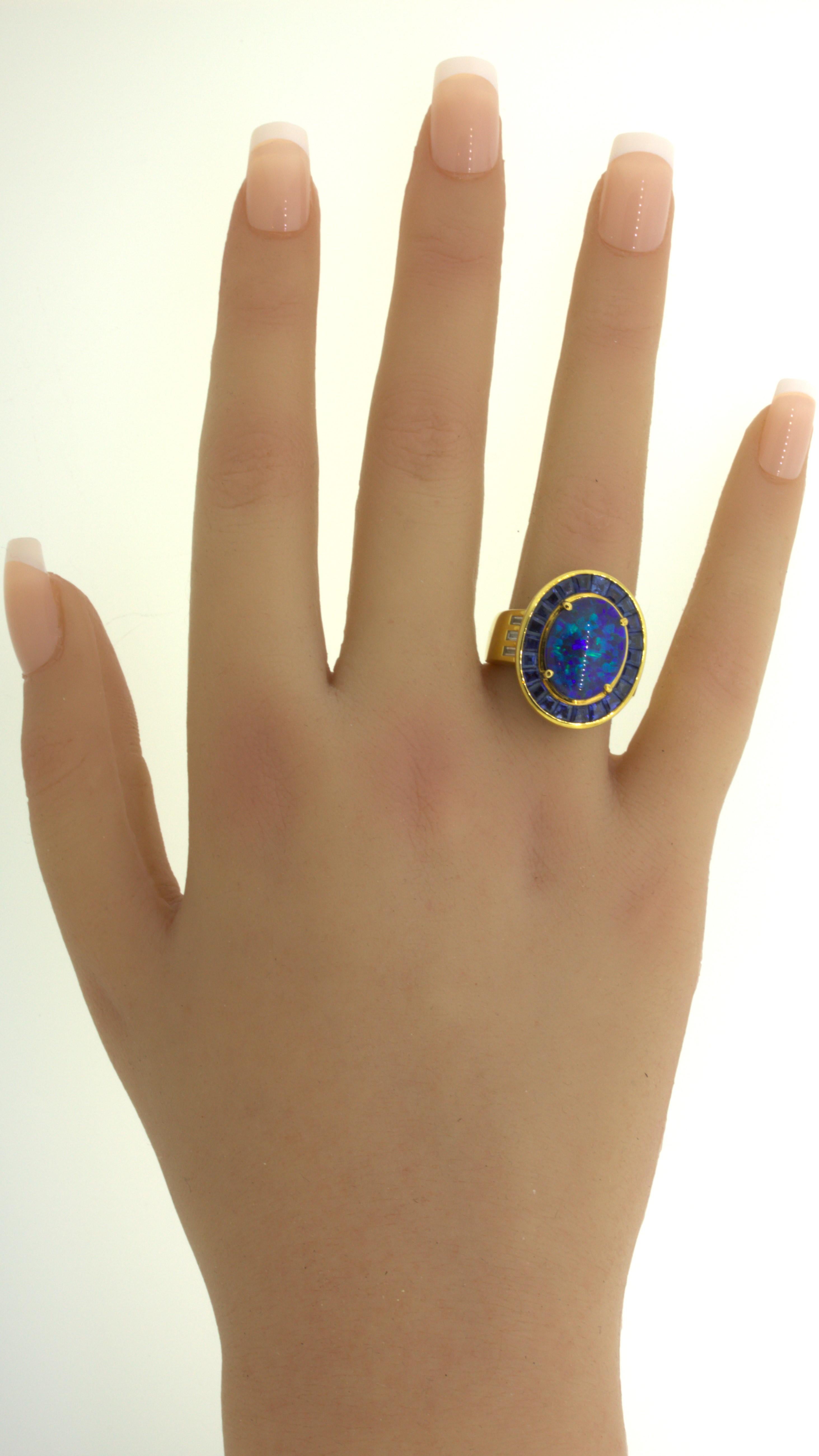 Australian Black Opal Sapphire Diamond 18k Yellow Gold Ring For Sale 6