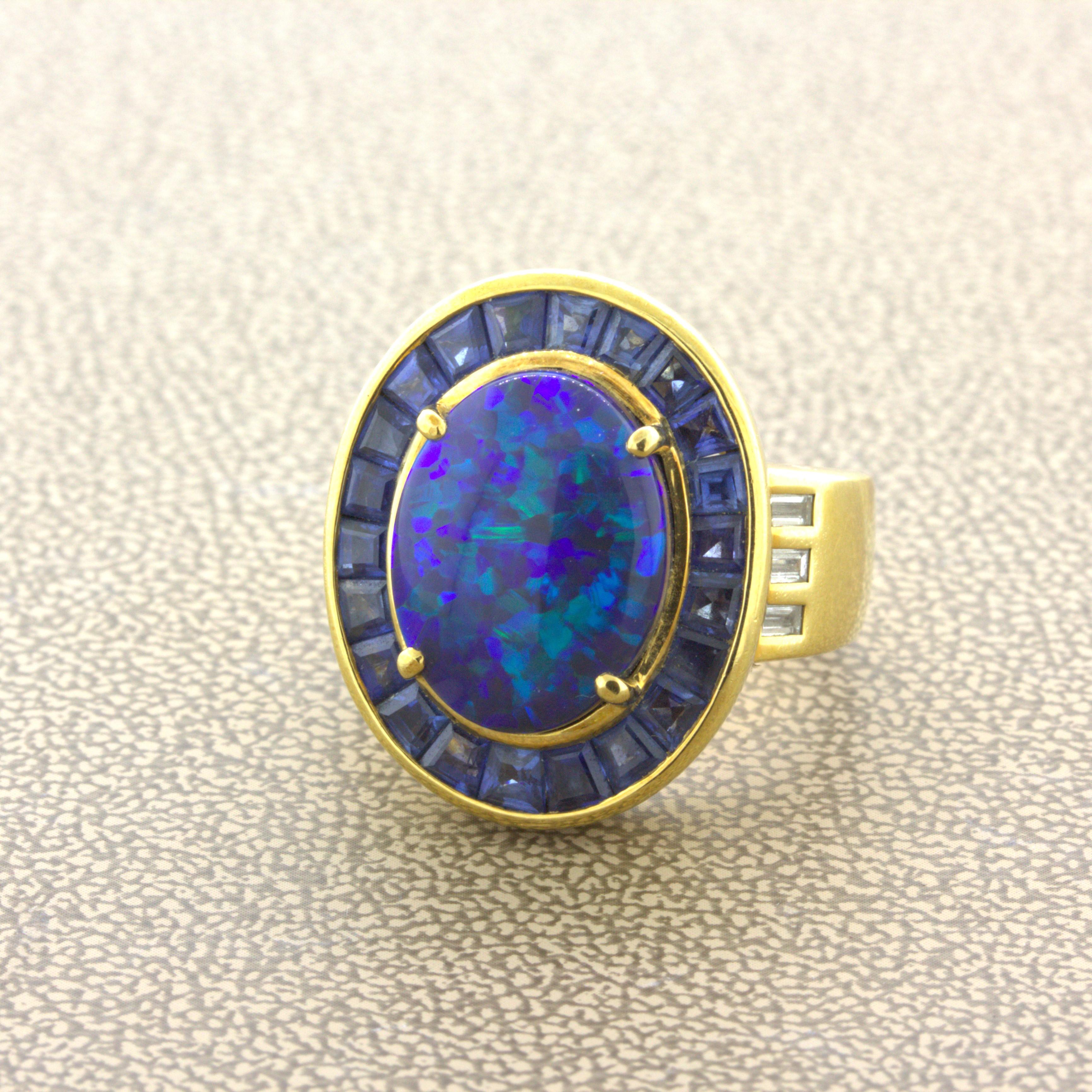 Cabochon Australian Black Opal Sapphire Diamond 18k Yellow Gold Ring For Sale