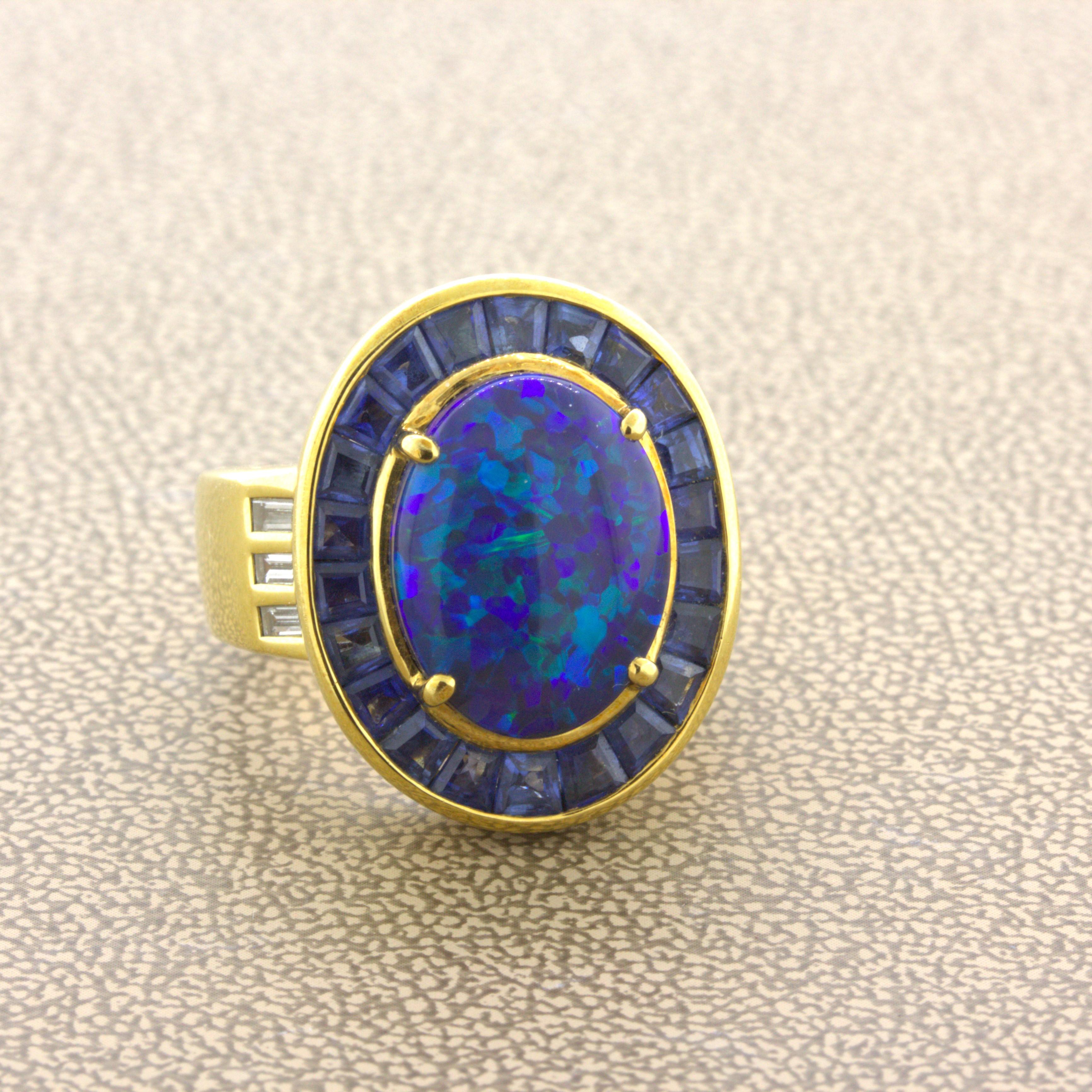 Australian Black Opal Sapphire Diamond 18k Yellow Gold Ring In New Condition For Sale In Beverly Hills, CA