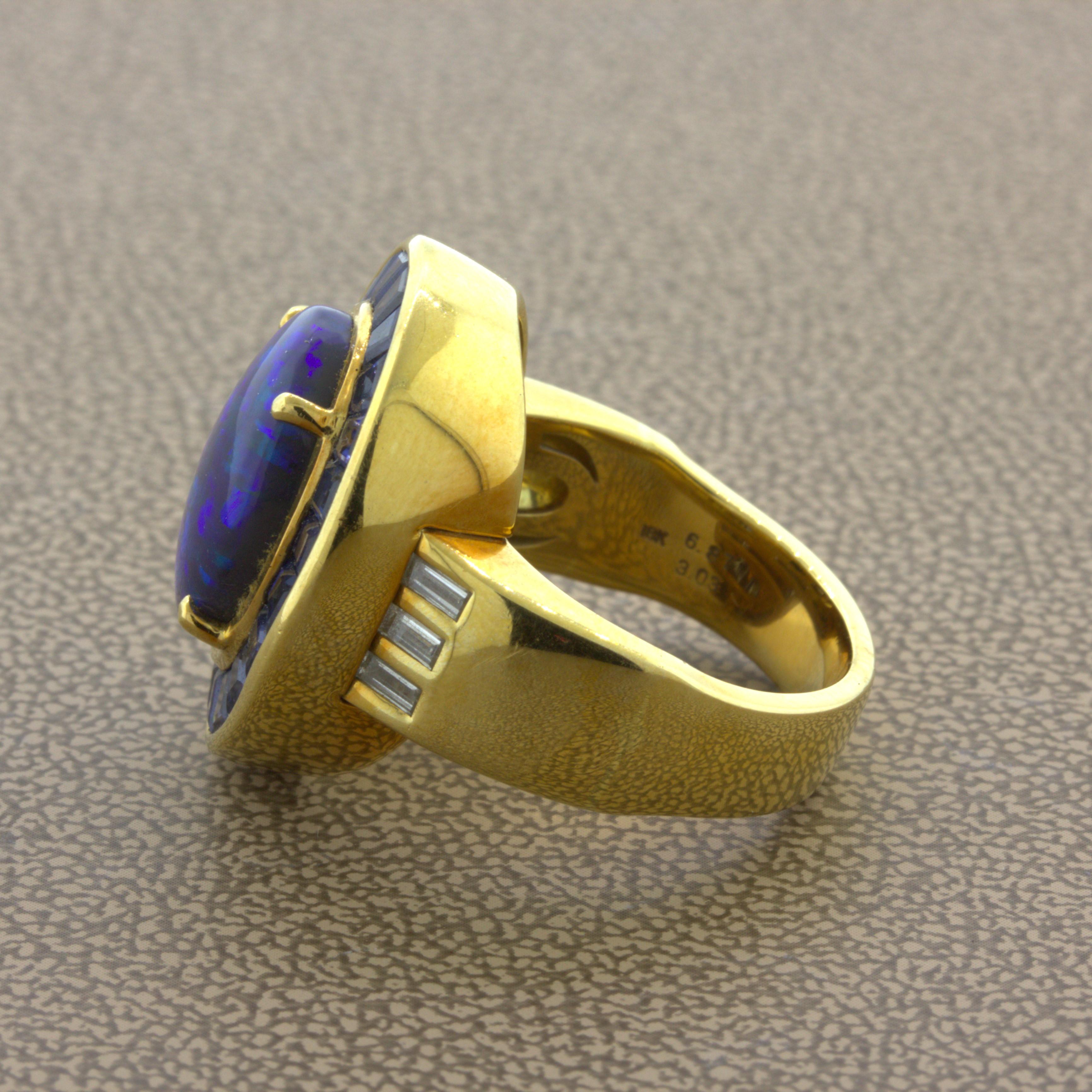 Women's Australian Black Opal Sapphire Diamond 18k Yellow Gold Ring