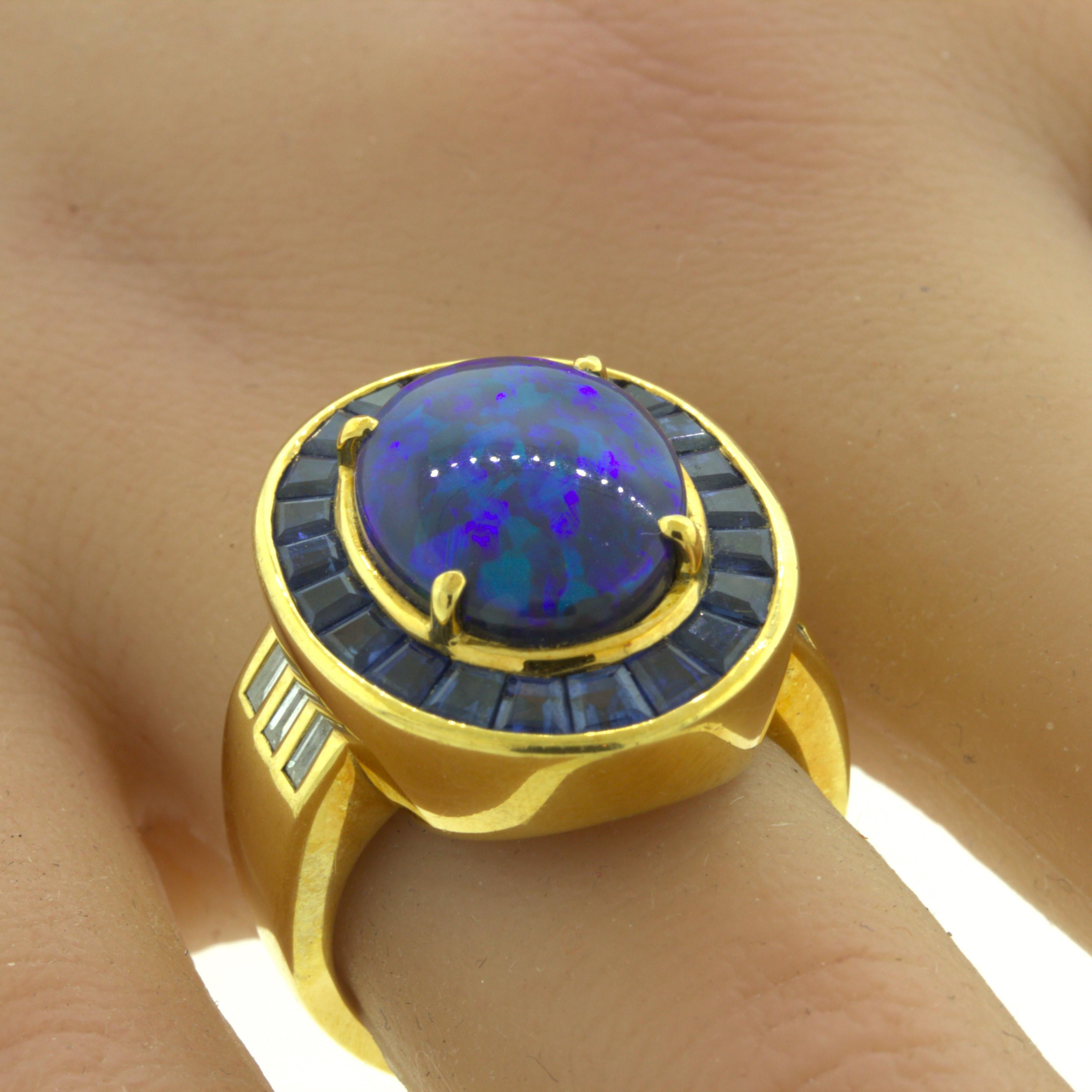 Australian Black Opal Sapphire Diamond 18k Yellow Gold Ring For Sale 2