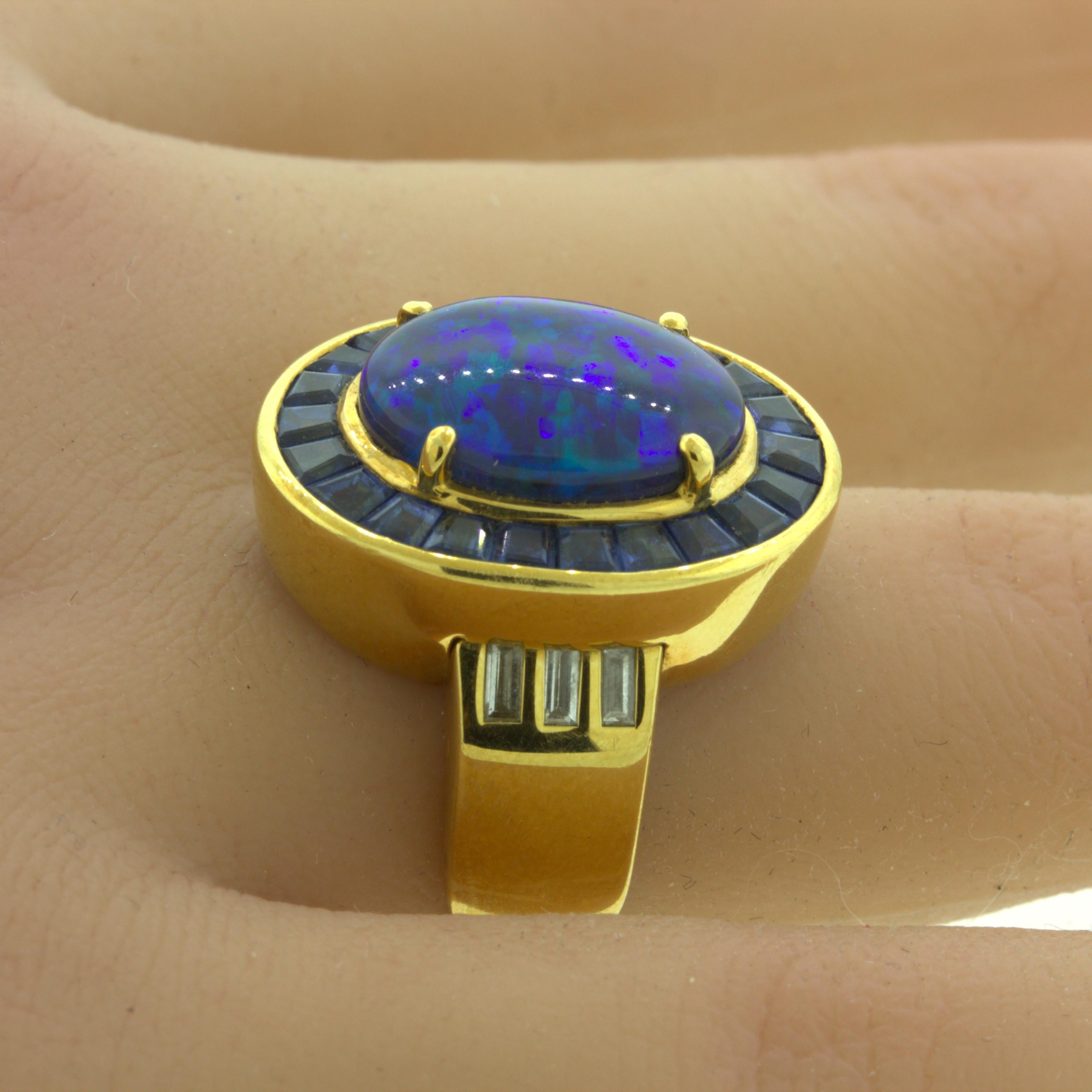 Australian Black Opal Sapphire Diamond 18k Yellow Gold Ring 3