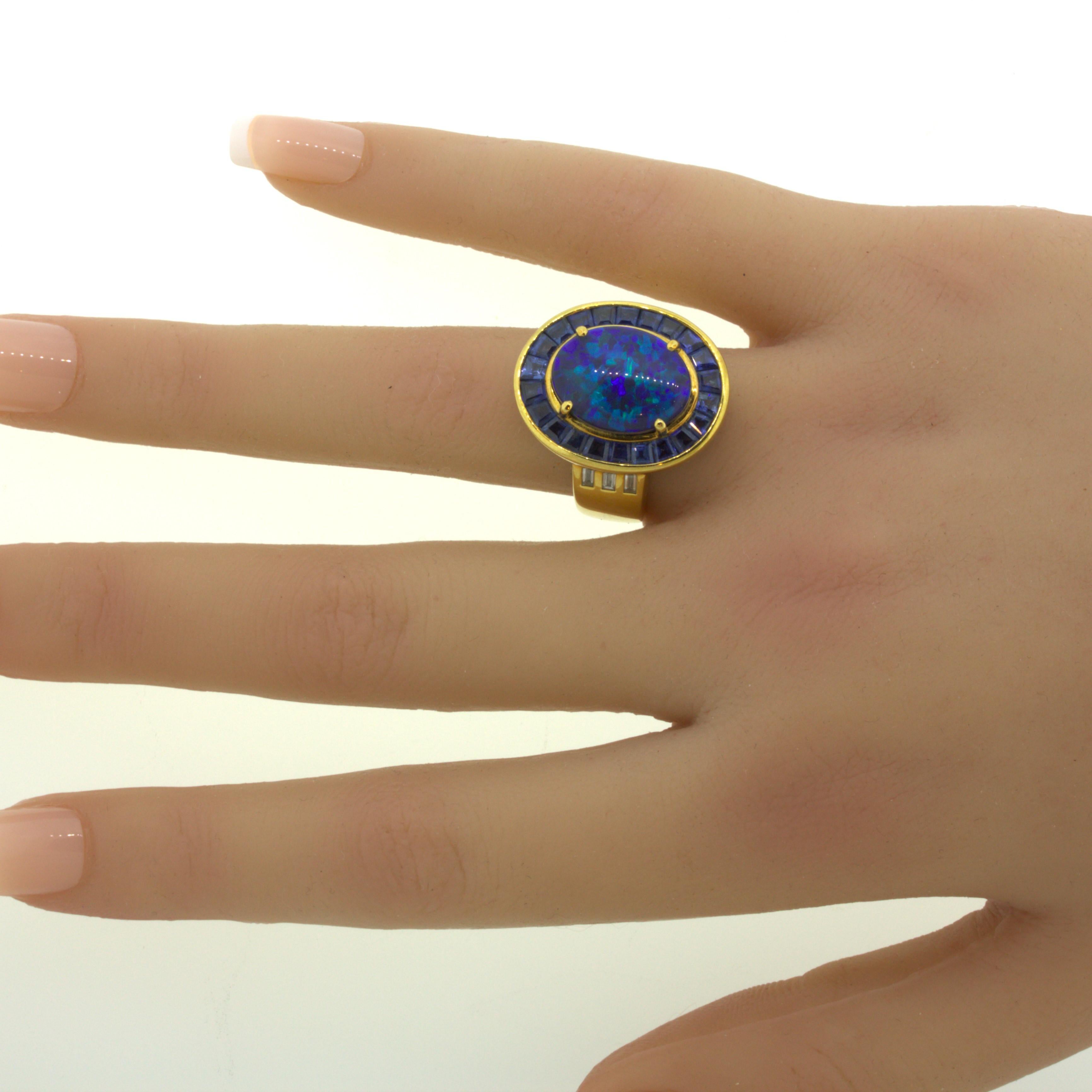 Australian Black Opal Sapphire Diamond 18k Yellow Gold Ring For Sale 4