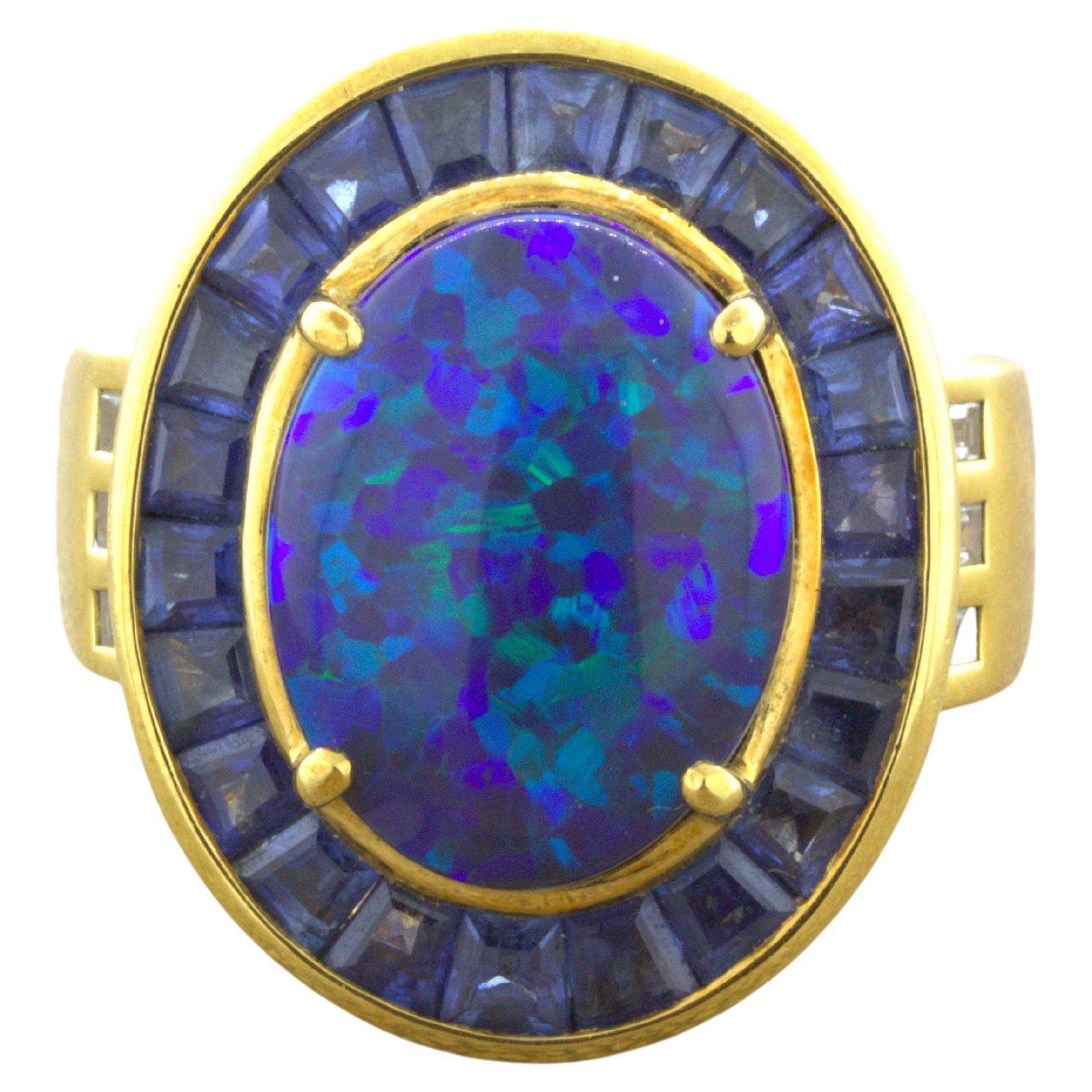 Australian Black Opal Sapphire Diamond 18k Yellow Gold Ring For Sale