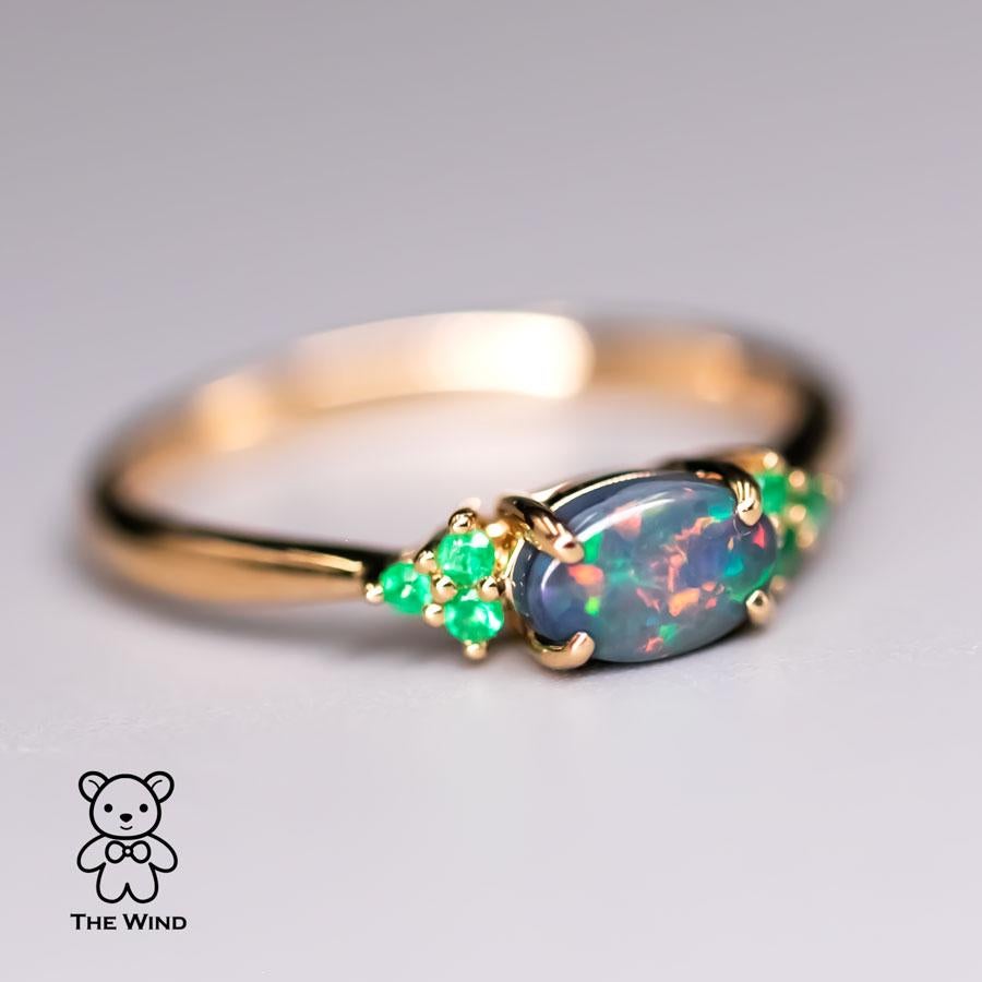 Arts and Crafts Australian Black Opal & Tsavorite Garnet Engagement Wedding Ring 18K Yellow Gold For Sale