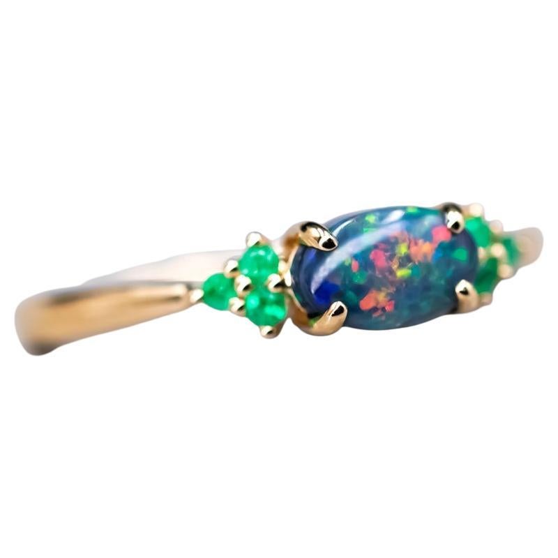Australian Black Opal & Tsavorite Garnet Engagement Wedding Ring 18K Yellow Gold