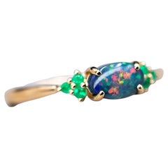 Australischer Schwarzer Opal & Tsavorit Granat Verlobungsring 18K Gelbgold