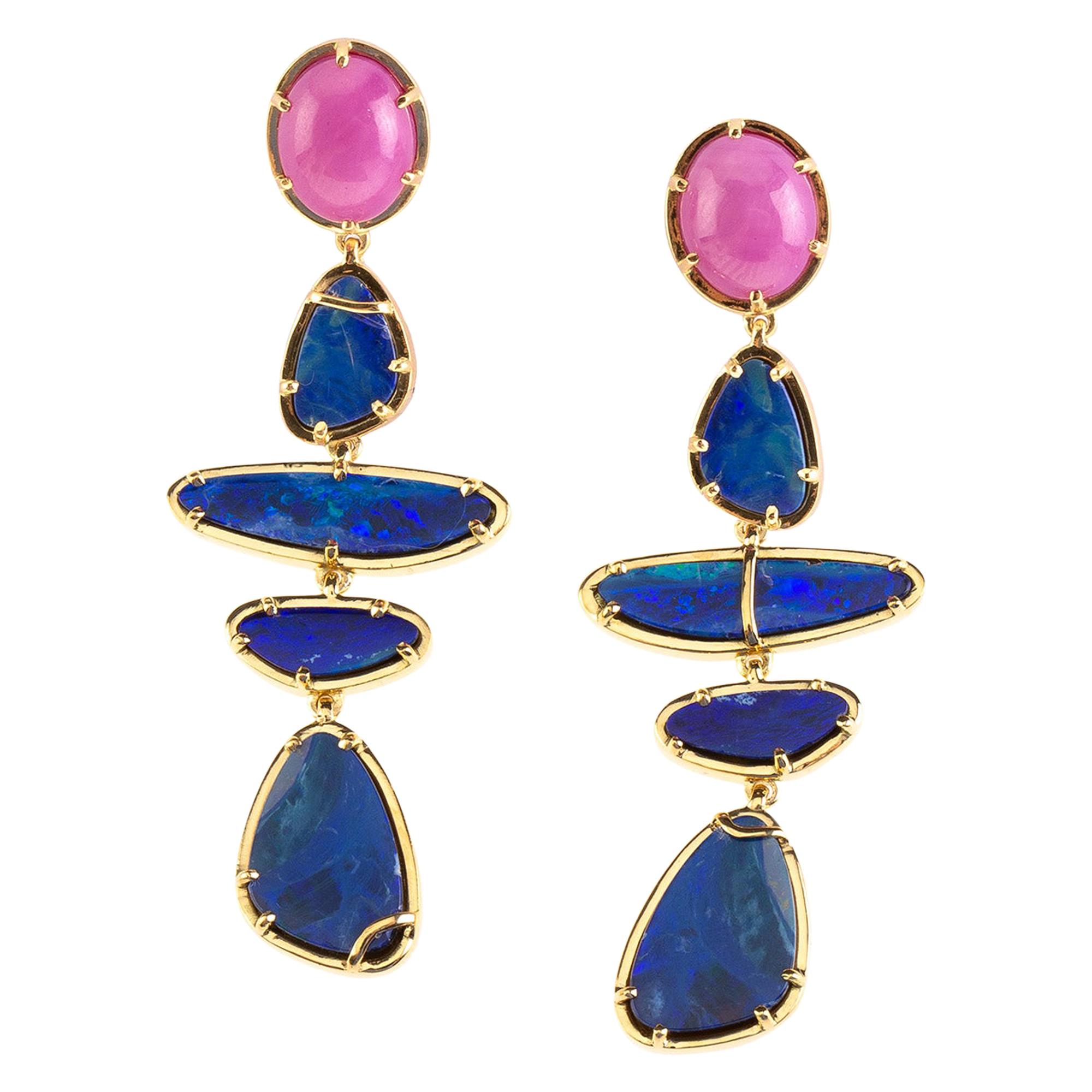 Australian Blue Fire Opal Star Ruby Gold Earrings For Sale