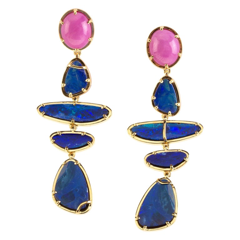 Australian Blue Fire Opal Star Ruby Gold Earrings For Sale at 1stDibs