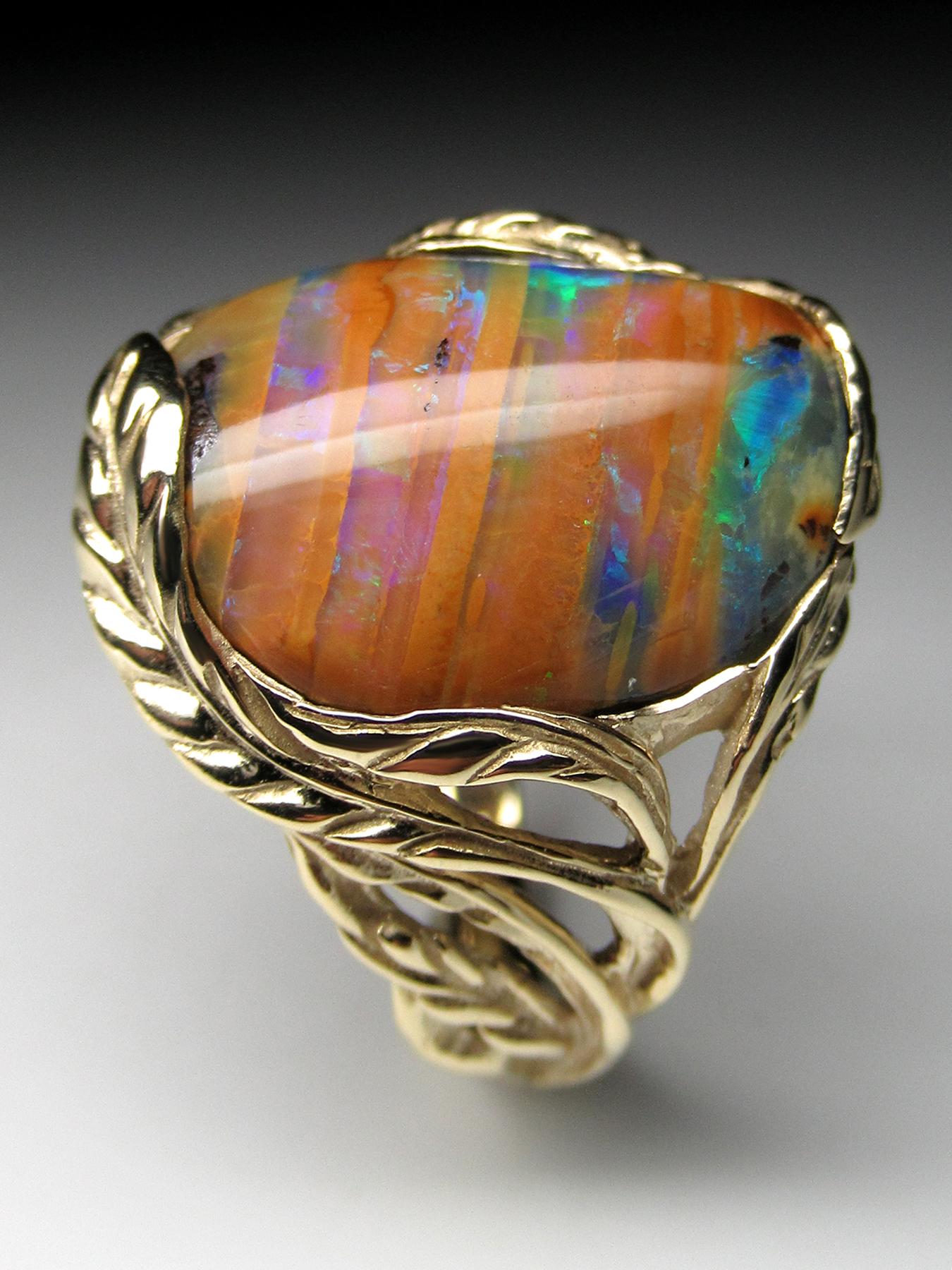 Australian Boulder Opal Yellow Gold Ring Unisex Art Nouveau Style Jewelry For Sale 10