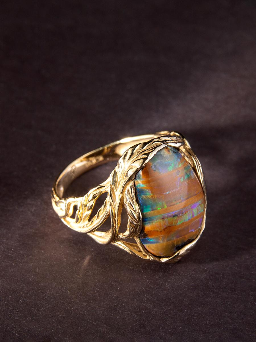 Australian Boulder Opal Yellow Gold Ring Unisex Art Nouveau Style Jewelry For Sale 2