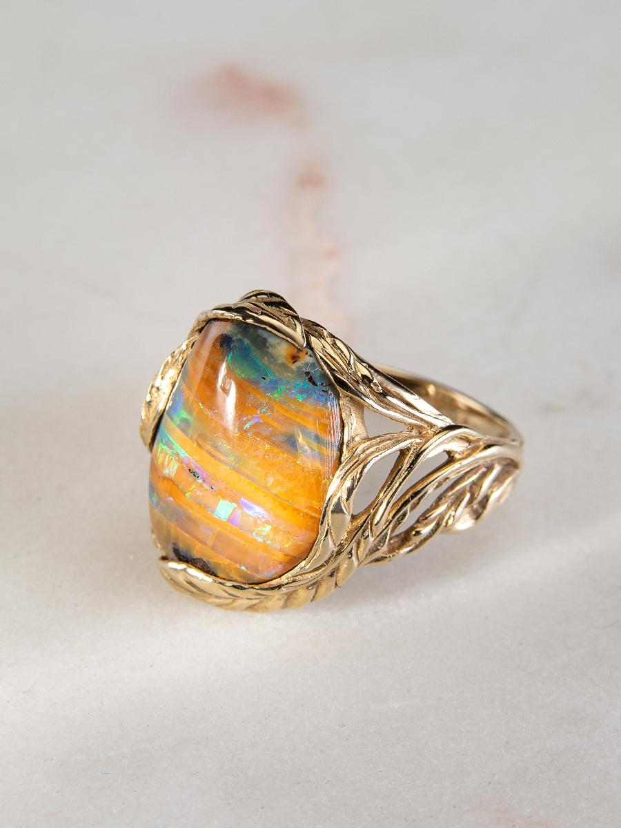 Australian Boulder Opal Yellow Gold Ring Unisex Art Nouveau Style Jewelry For Sale 3