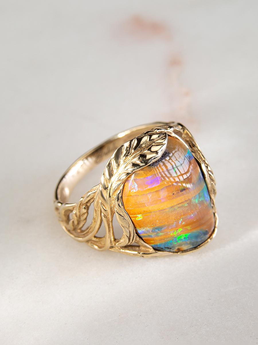Australian Boulder Opal Yellow Gold Ring Unisex Art Nouveau Style Jewelry For Sale 4