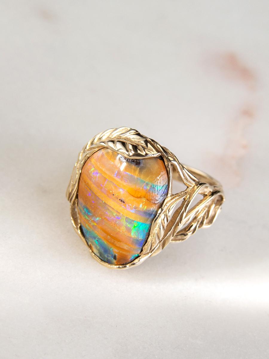 Australian Boulder Opal Yellow Gold Ring Unisex Art Nouveau Style Jewelry For Sale 5