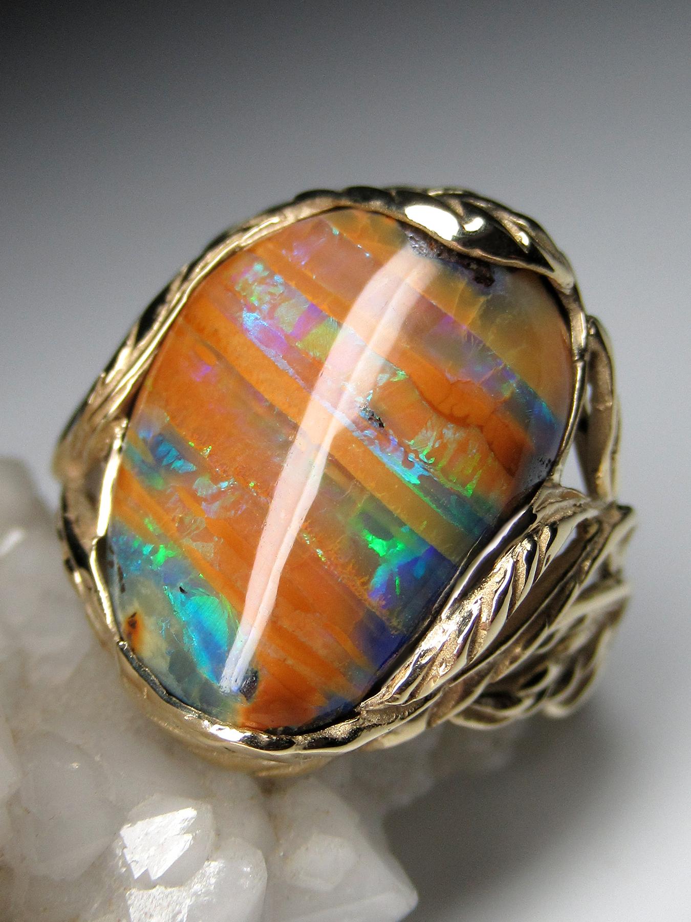 Australian Boulder Opal Yellow Gold Ring Unisex Art Nouveau Style Jewelry For Sale 7