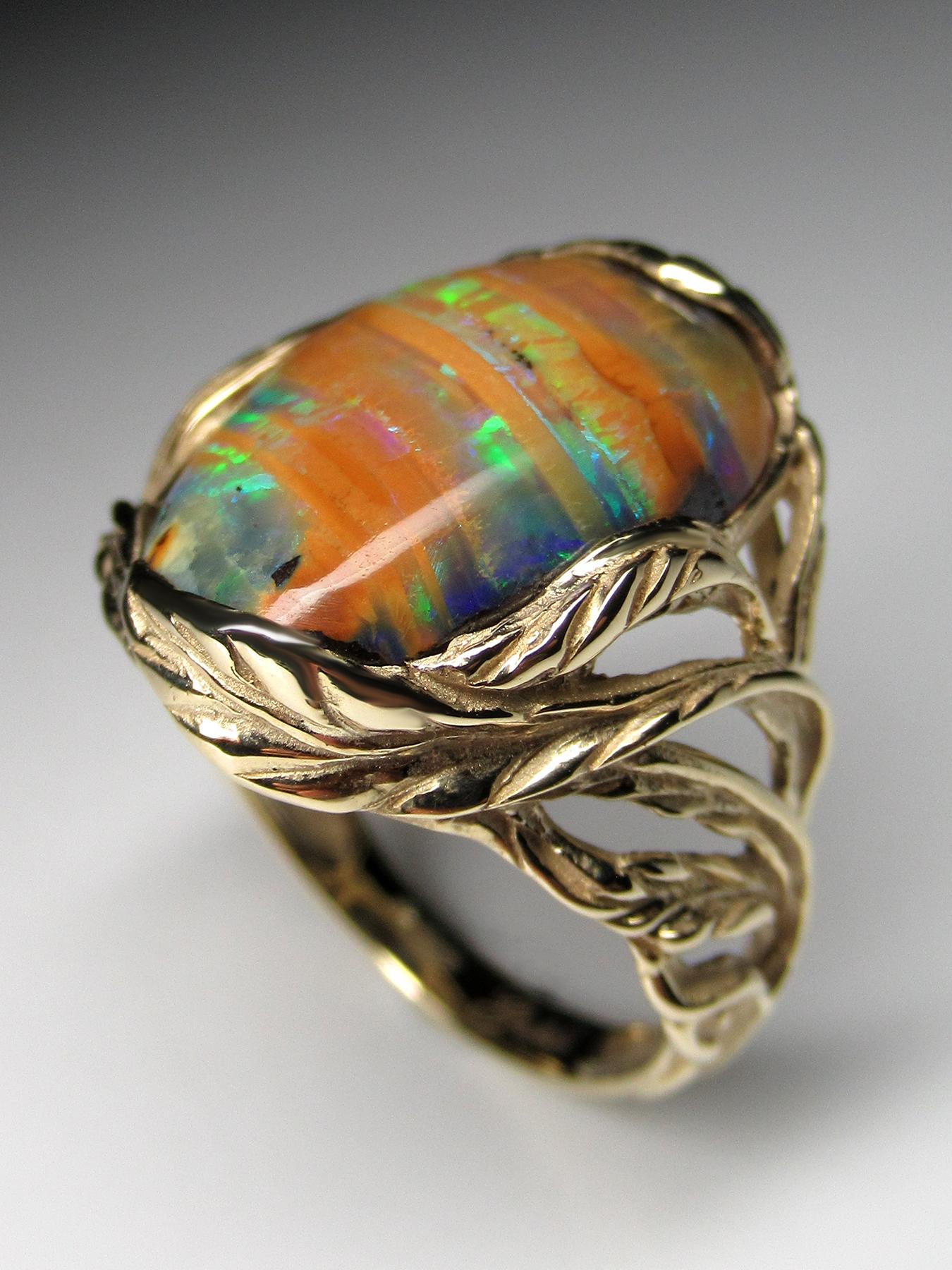 Australian Boulder Opal Yellow Gold Ring Unisex Art Nouveau Style Jewelry For Sale 8