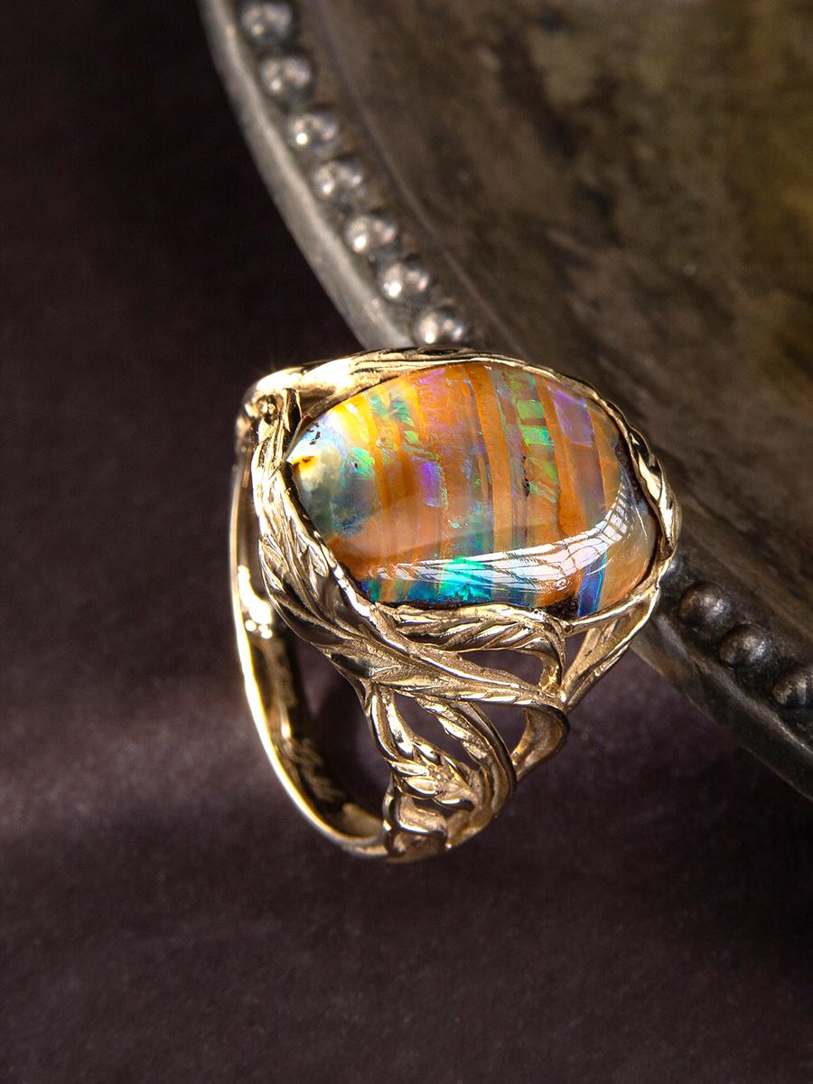 Cabochon Australian Boulder Opal Yellow Gold Ring Unisex Art Nouveau Style Jewelry For Sale