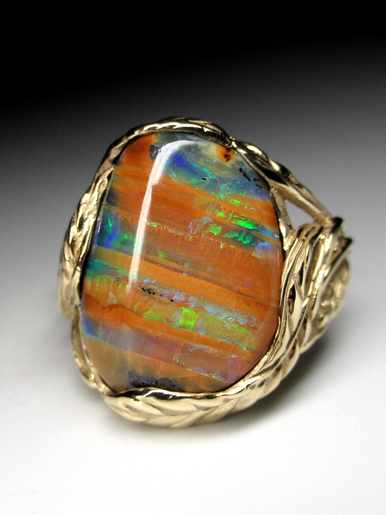 Australian Boulder Opal Yellow Gold Ring Unisex Art Nouveau Style Jewelry For Sale 9