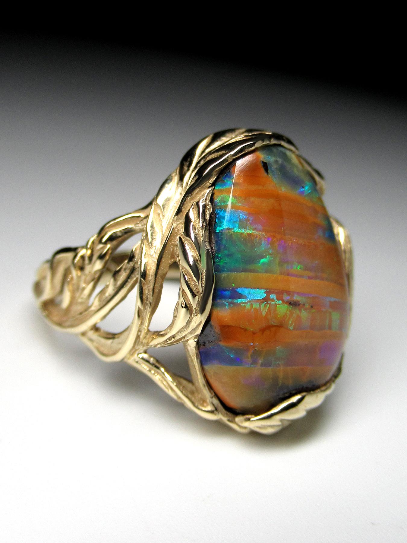 Australian Boulder Opal Yellow Gold Ring Unisex Art Nouveau Style Jewelry For Sale 11