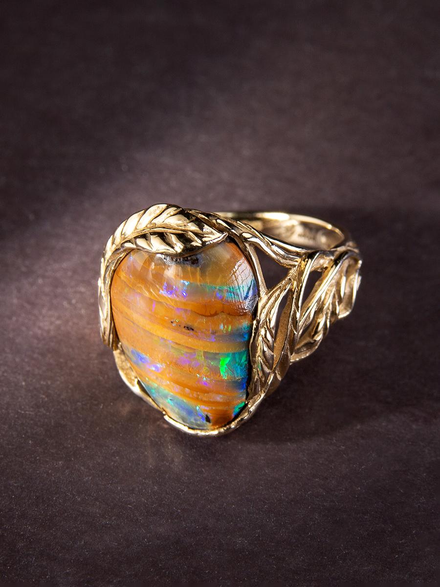 Australian Boulder Opal Yellow Gold Ring Unisex Art Nouveau Style Jewelry For Sale 1