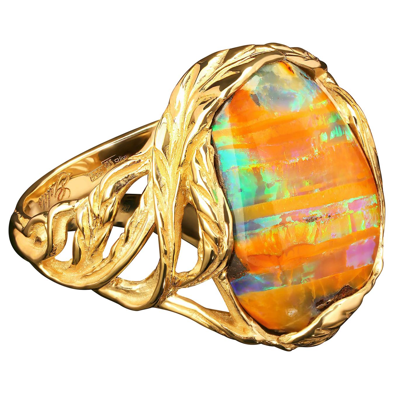 Australian Boulder Opal Yellow Gold Ring Unisex Art Nouveau Style Jewelry