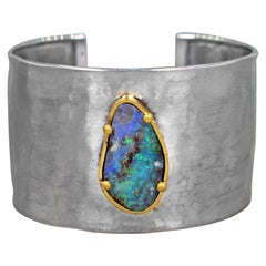 Australian Boulder Opal, 22 Karat Gold and Sterling Silver Cuff Bracelet