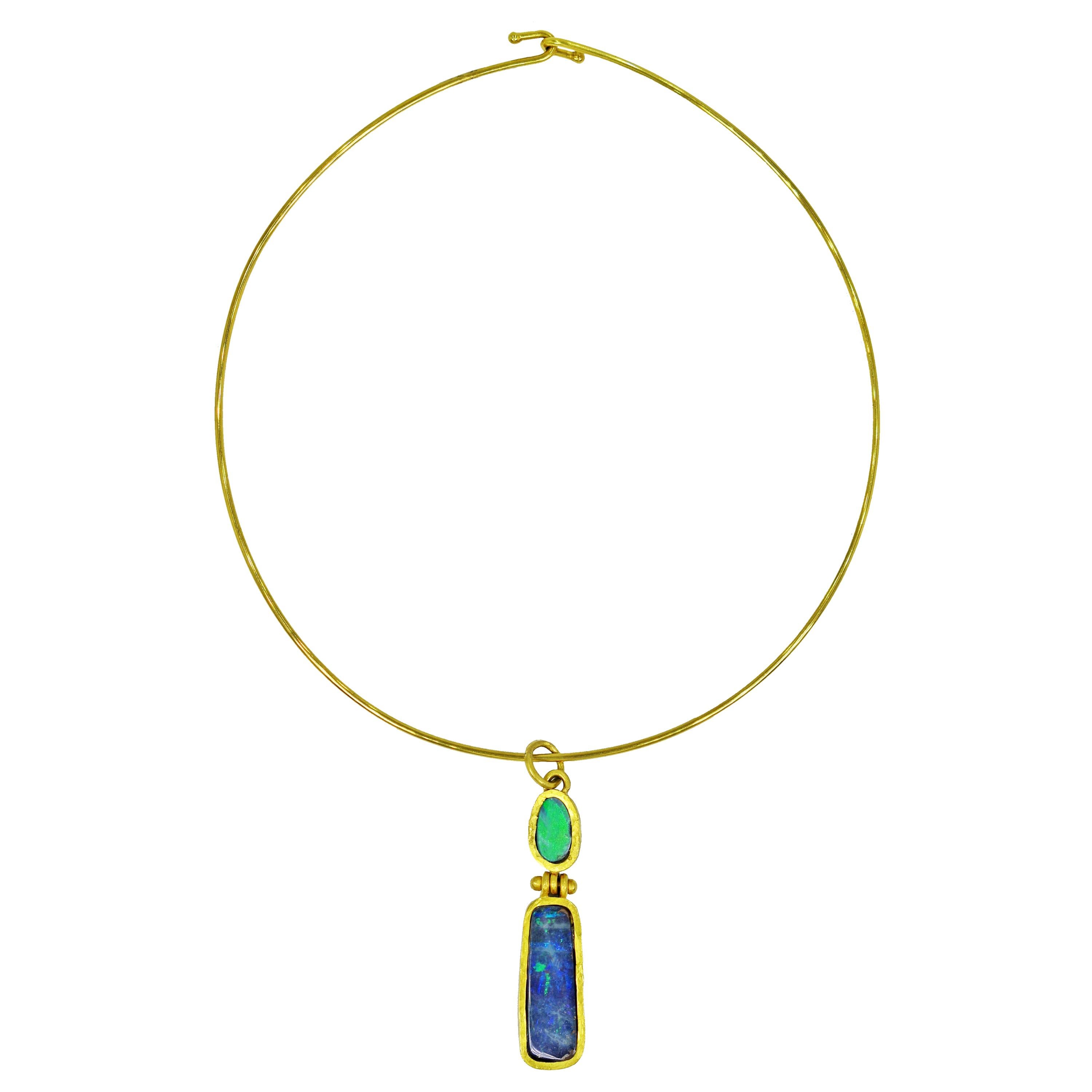 Australian Boulder Opal 22 Karat Gold Hinged Pendant on Wire Necklace For Sale