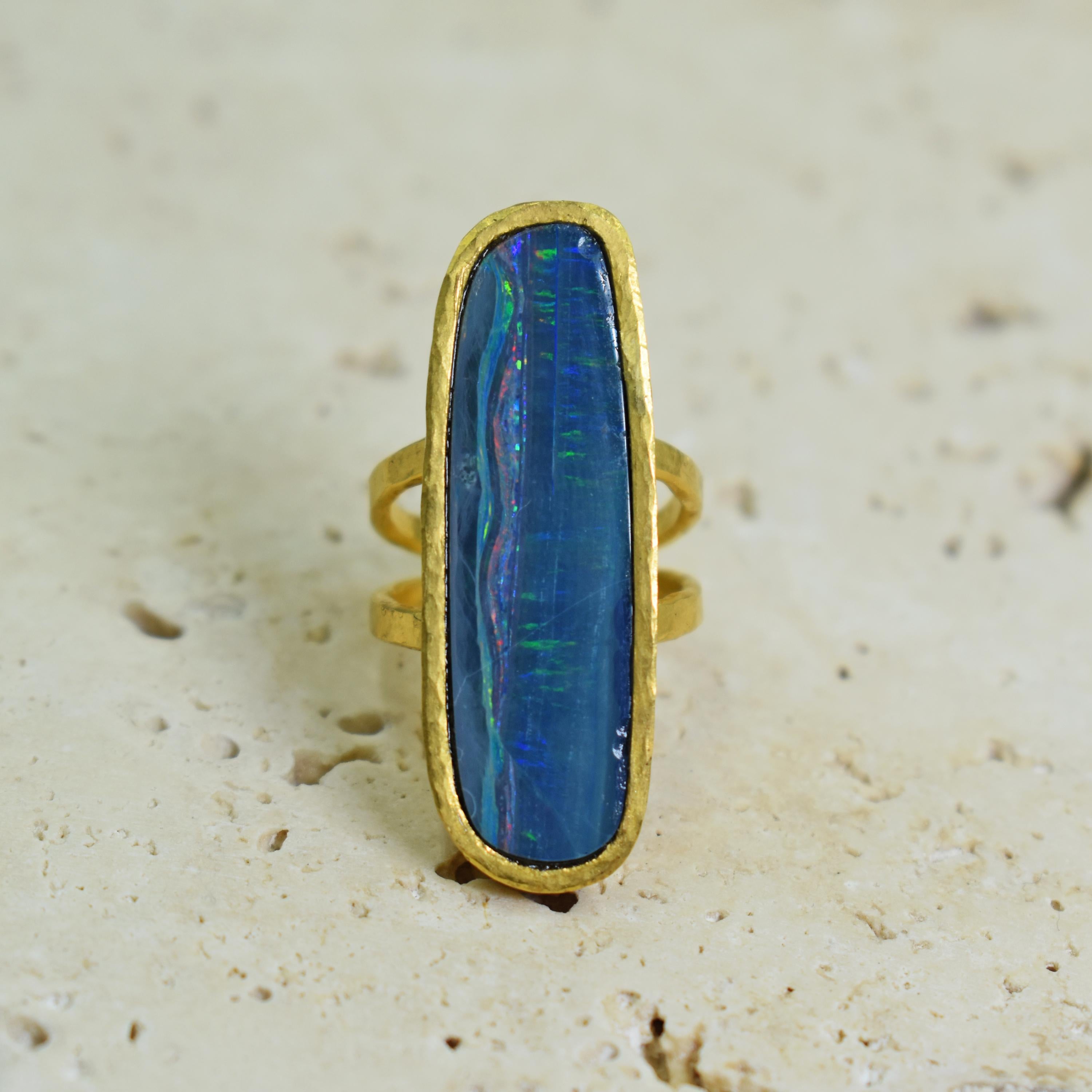 Contemporary Australian Boulder Opal 22 Karat Yellow Gold Cocktail Ring For Sale
