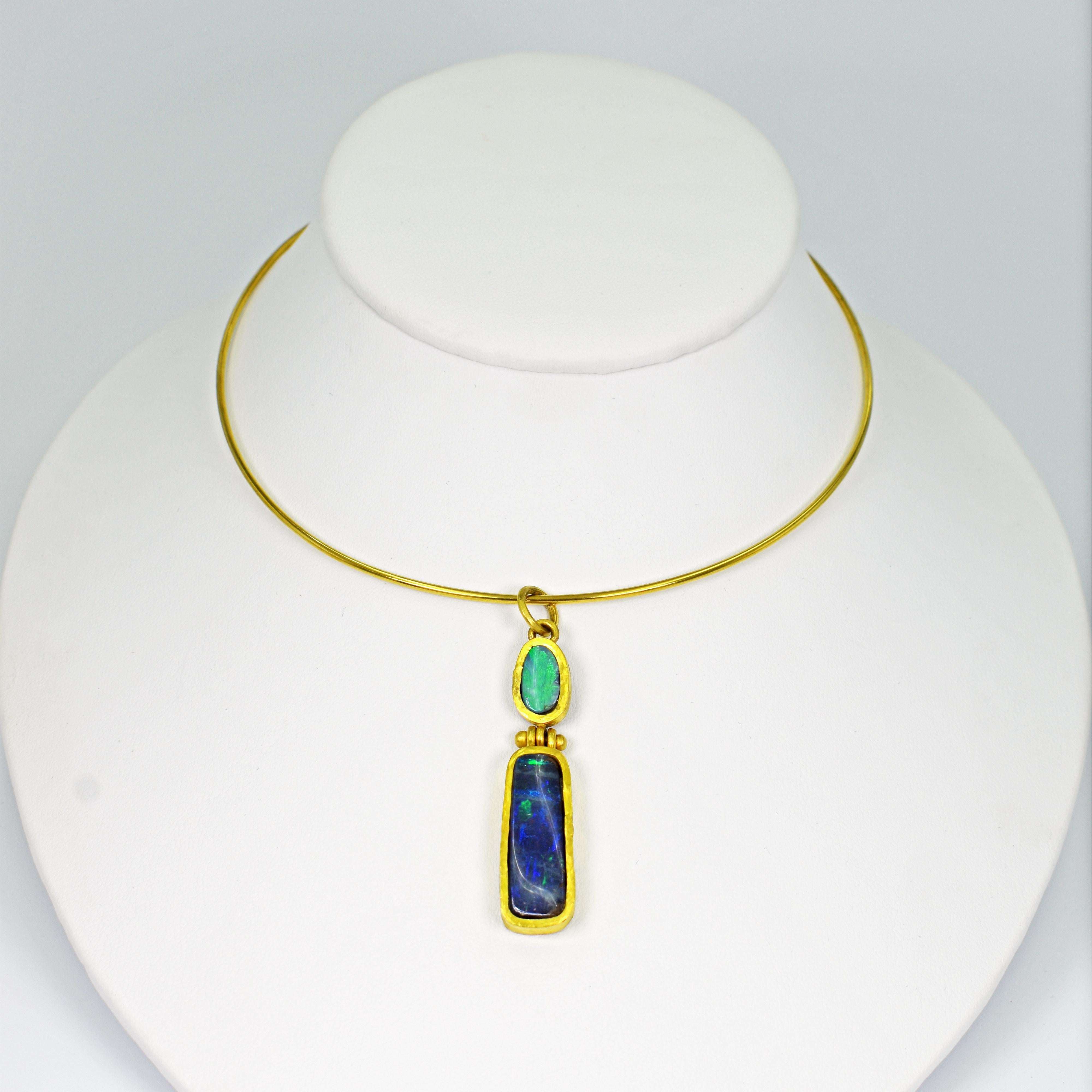 Cabochon Australian Boulder Opal 22 Karat Gold Hinged Pendant on Wire Necklace For Sale