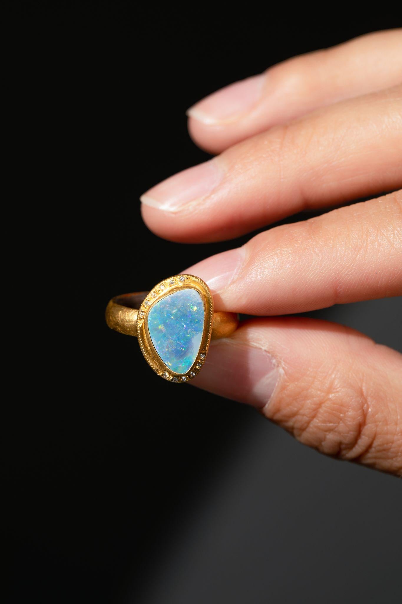 Bright Blue Freeform 2.5ct Australian Boulder Opal Diamonds 24K Gold Silver Ring 2