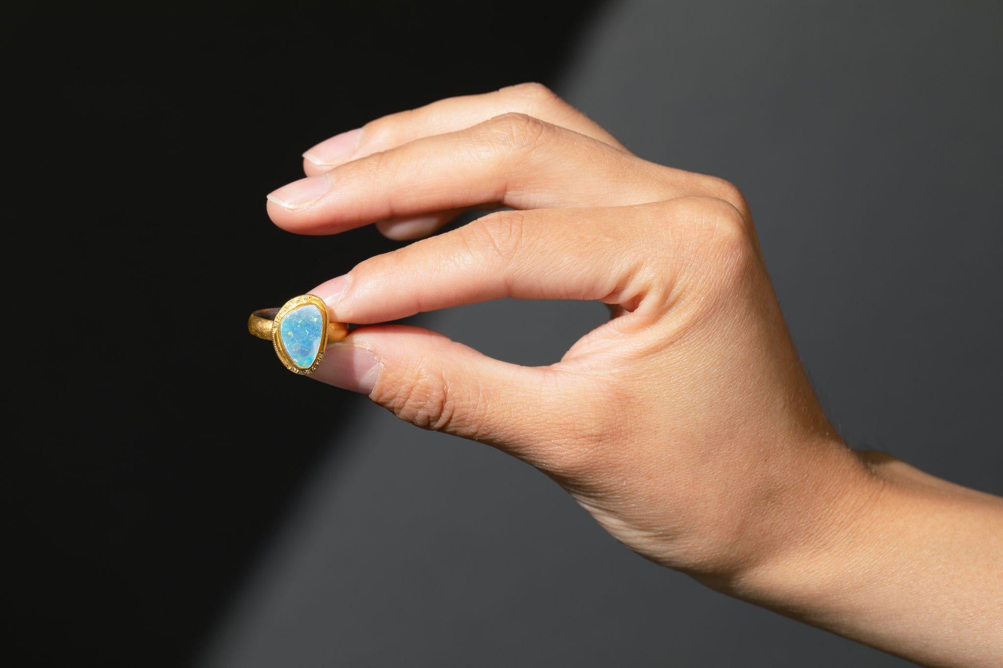 Bright Blue Freeform 2.5ct Australian Boulder Opal Diamonds 24K Gold Silver Ring In New Condition In Bozeman, MT
