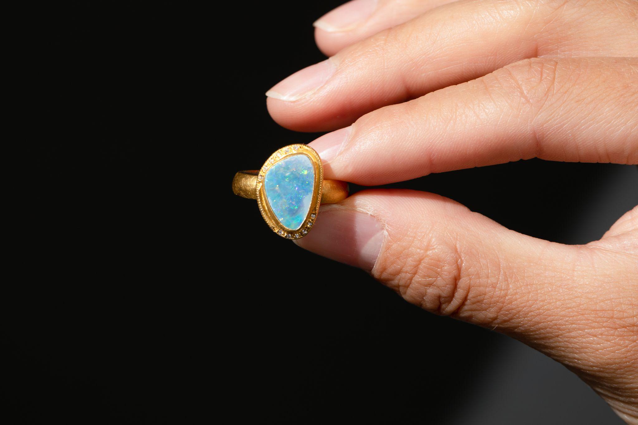 Bright Blue Freeform 2.5ct Australian Boulder Opal Diamonds 24K Gold Silver Ring 3