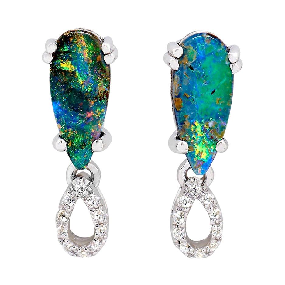 Natural Australian 1.49ct Boulder Opal/Diamonds Stud Earrings 18K White Gold