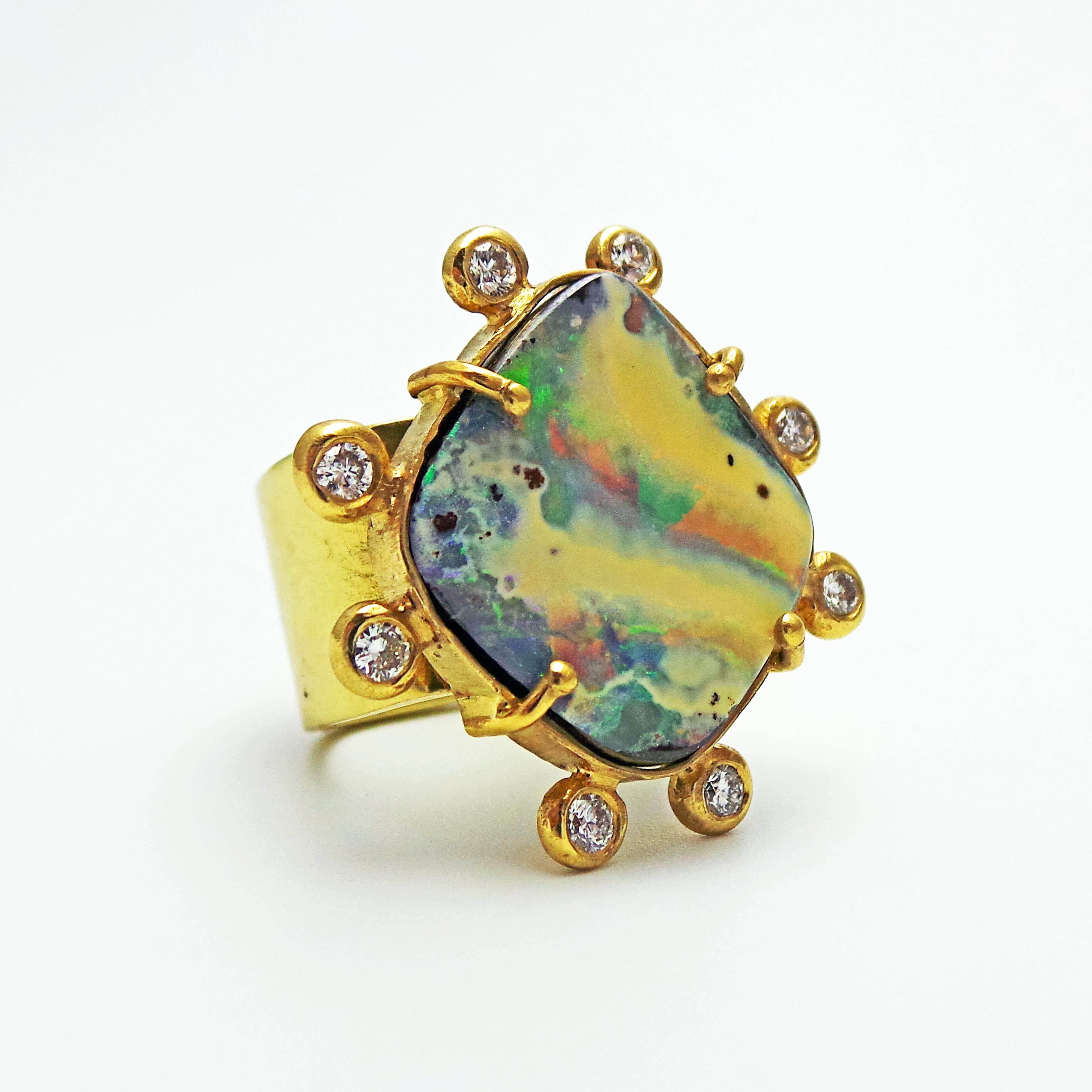Australian Boulder Opal and Diamond Halo 18k Gold Ring In New Condition In Naples, FL