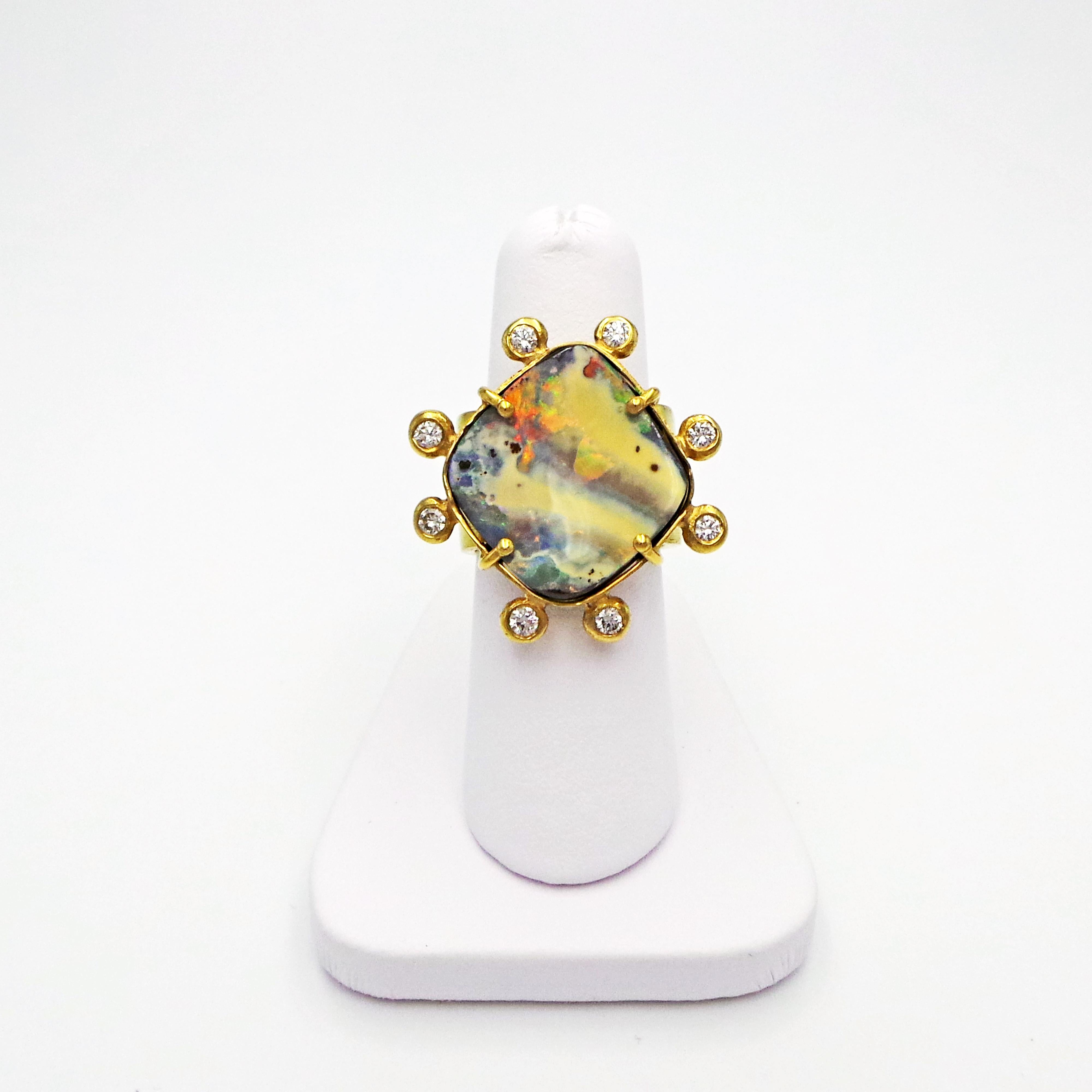 Women's Australian Boulder Opal and Diamond Halo 18k Gold Ring