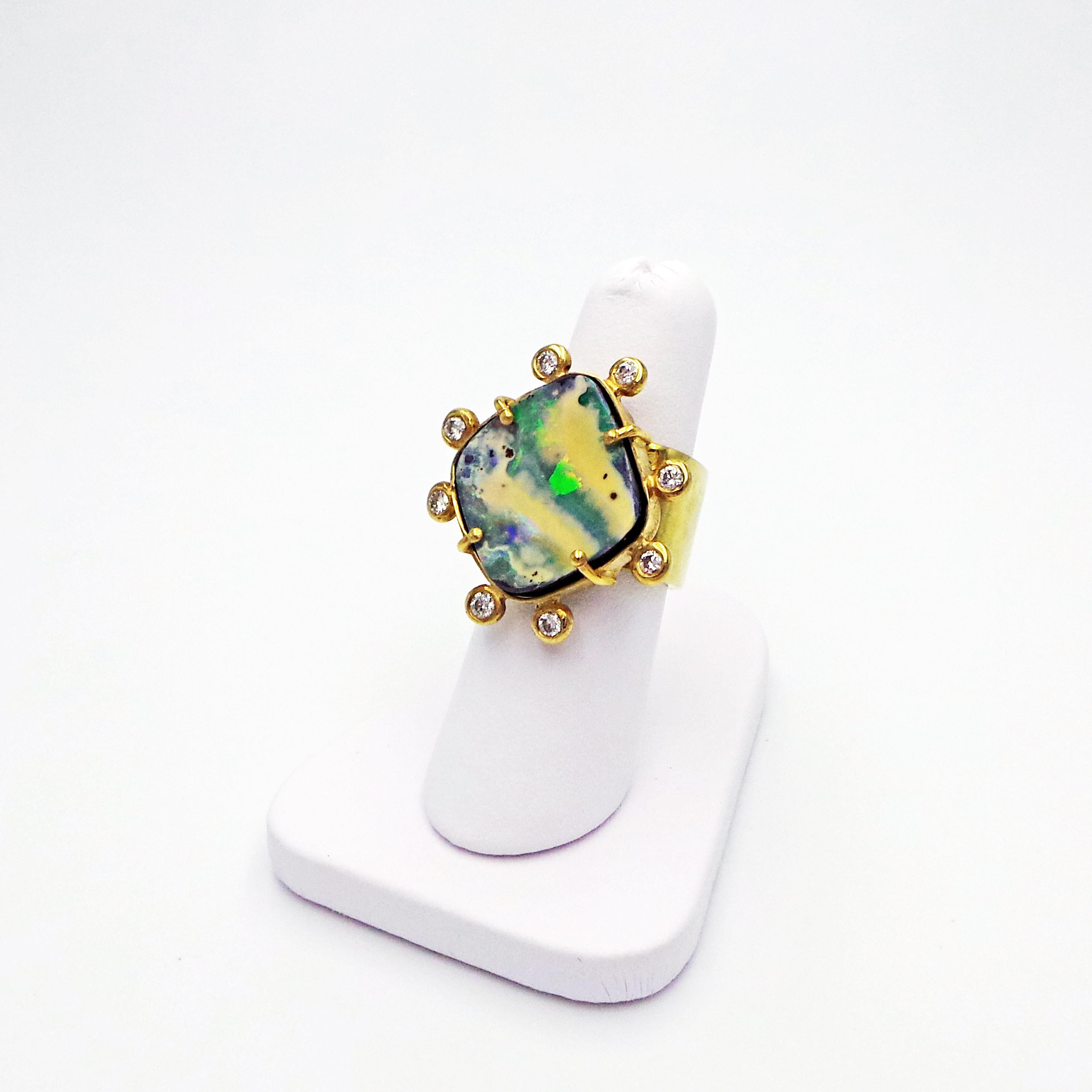 Australian Boulder Opal and Diamond Halo 18k Gold Ring 1