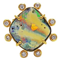 Australian Boulder Opal and Diamond Halo 18k Gold Ring