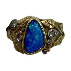 Australian Boulder Opal and Diamond Handmade Mixed Gold Autumn Art Nouveau Ring
