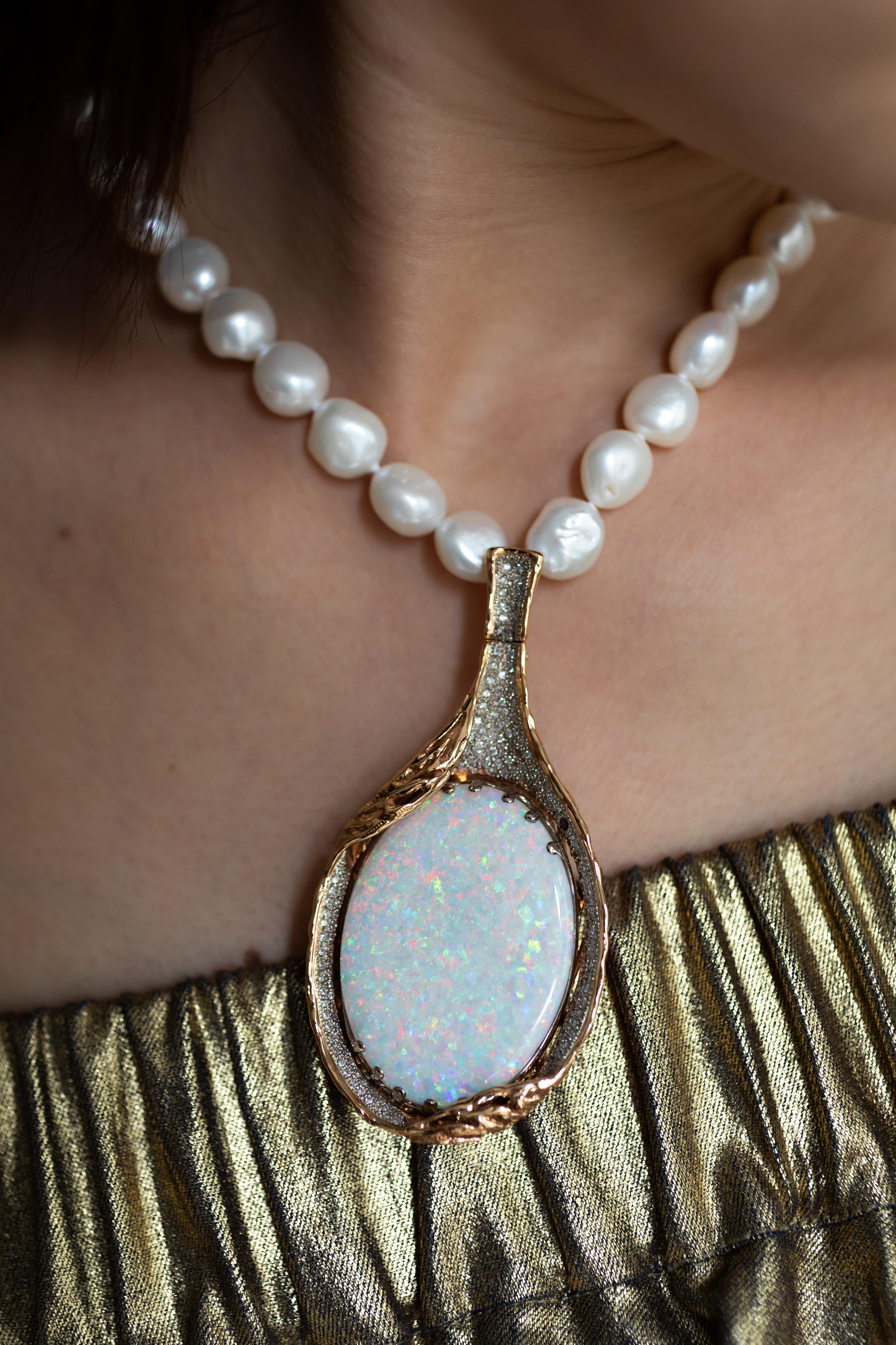 Contemporary Australian 67.32ct Boulder Opal and Diamond Pendant Necklace in 18K Rose Gold