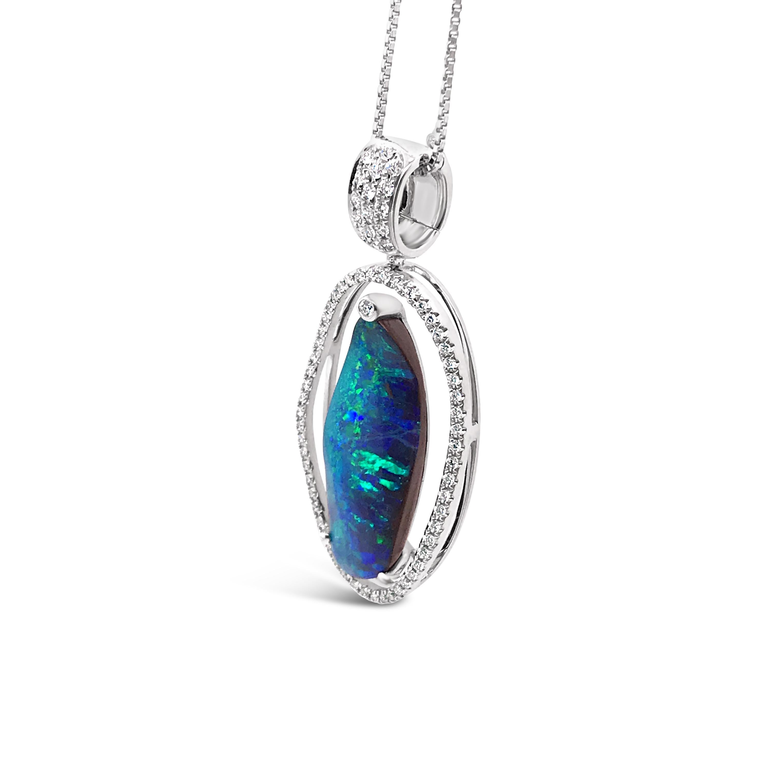 Contemporary Natural Australian 9.72ct Boulder Opal Diamond Pendant Necklace 18K White Gold For Sale