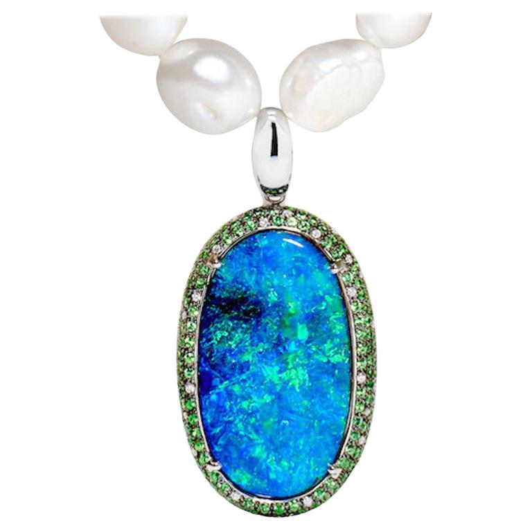 Australian 49.85ct Boulder Opal, Diamond, Tsavorites Pendant, 18K White Gold