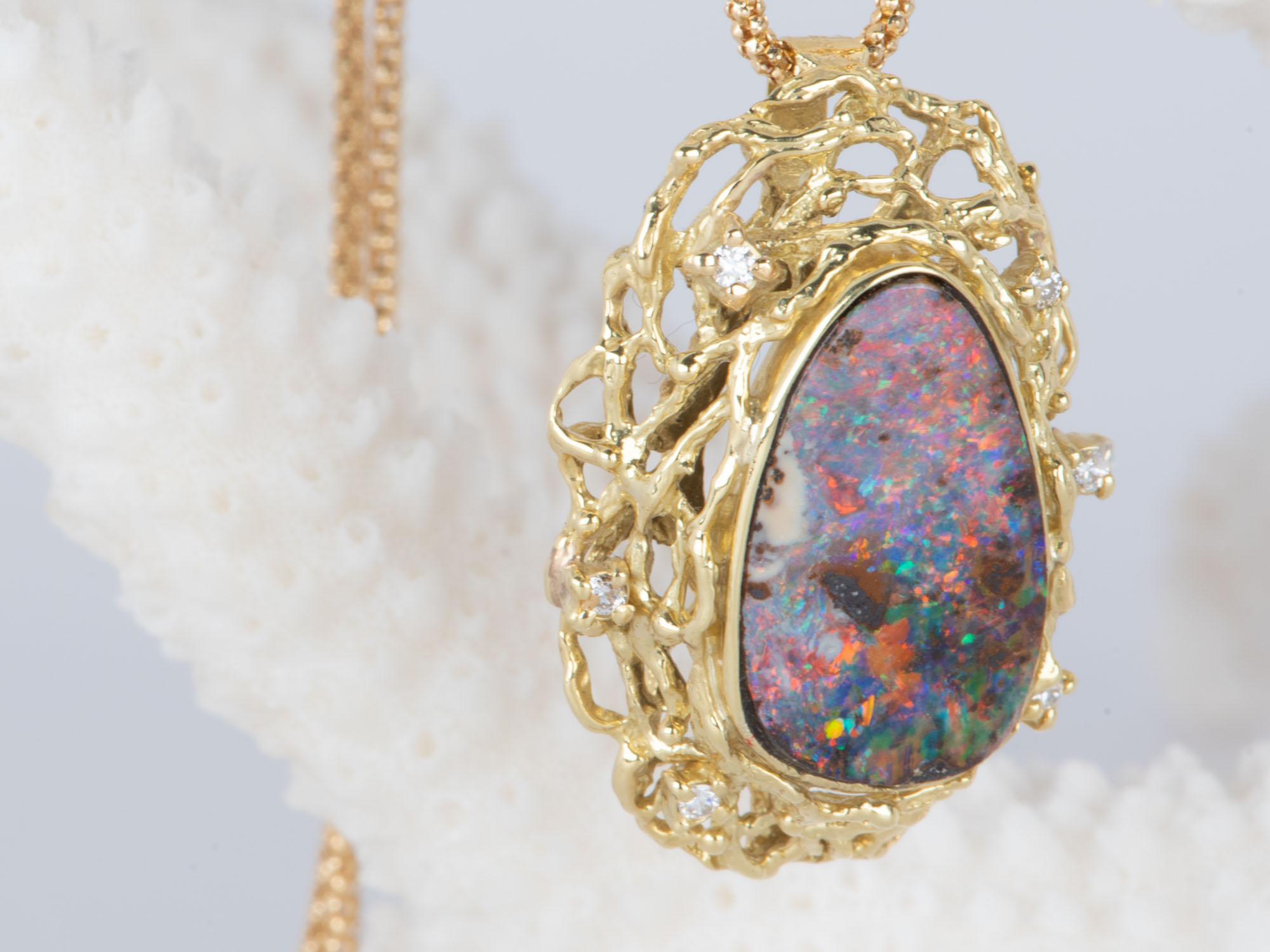 Uncut Australian Boulder Opal and Diamond Pendant with Chain 18K Gold 10.38g V1125 For Sale